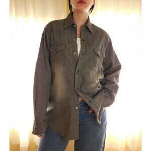 Vintage striped button down casual cotton shirt jacket dark grey/ oversized